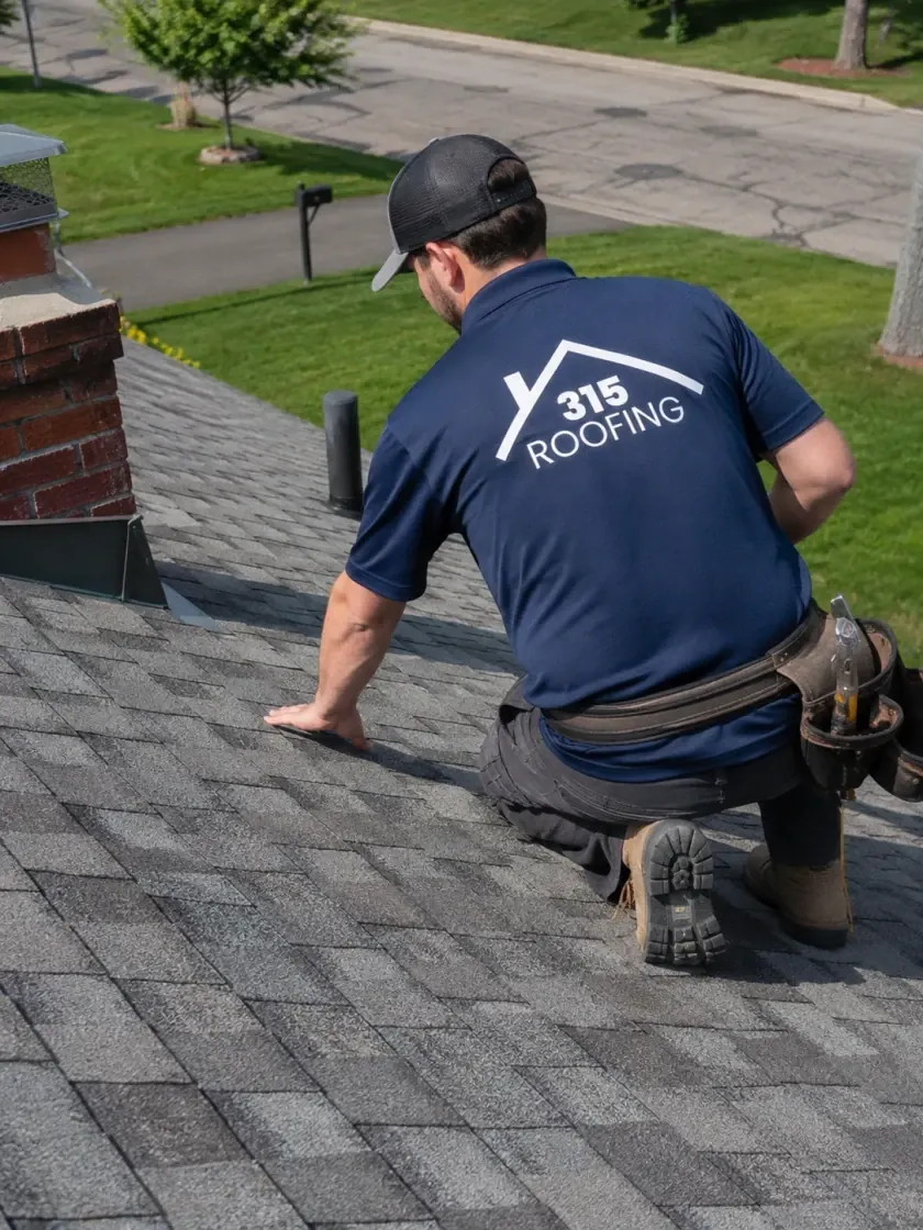 315 Roofing crew member kneeling on a shingle roof