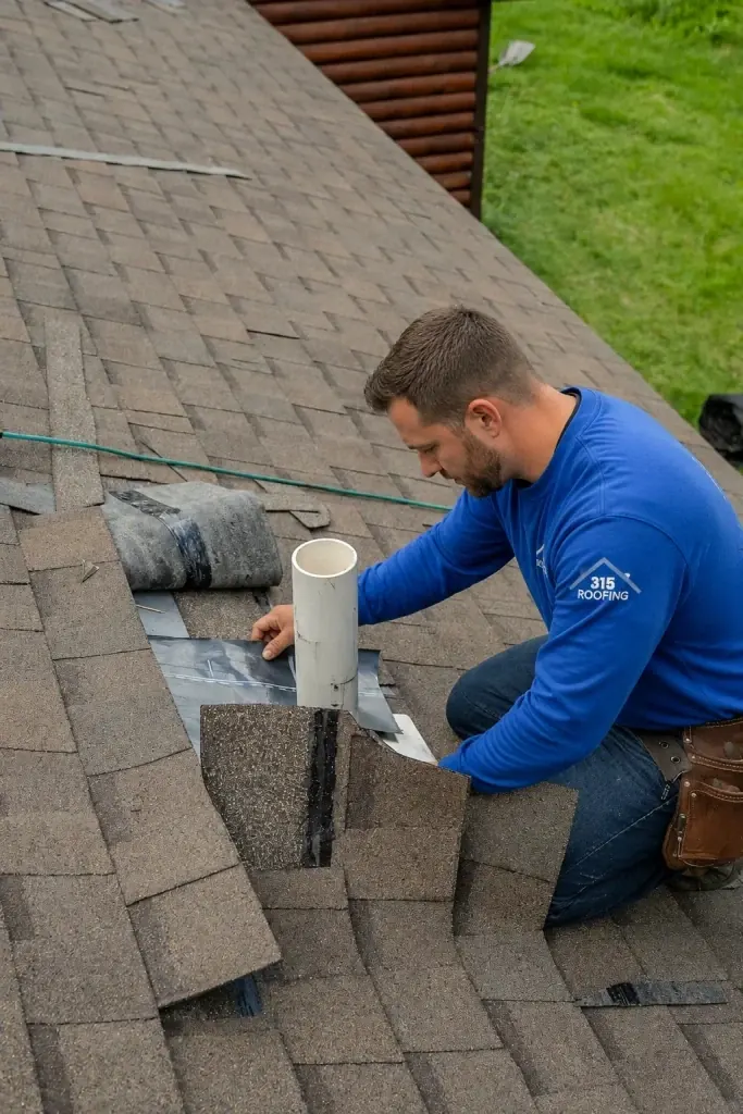 Roofer sealing flashing around a plumbing vent pipe